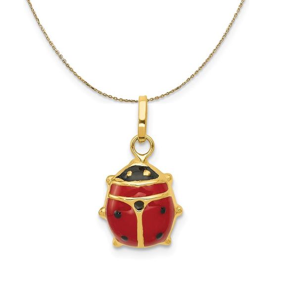 14k Yellow Gold 3D Red Enameled Ladybug (11mm) Necklace - 16 Inch